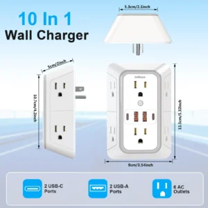 Multi Power Strip Wall Socket, US Plug with 6 AC Outlets 4 USB Ports(2 Type C), Power Expander Network Filter for Home Office