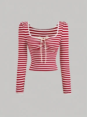 Women's Contrast Bow Front Striped T-Shirt, Autumn T-Shirt,  T-Shirt, Cute T-Shirt, Casual T-Shirt