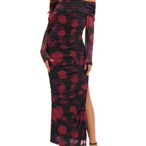 Wholesale Comfortable Sexy Mesh Printed Slit One Neck Square Collar Long Sleeve Tight Dress for Lady