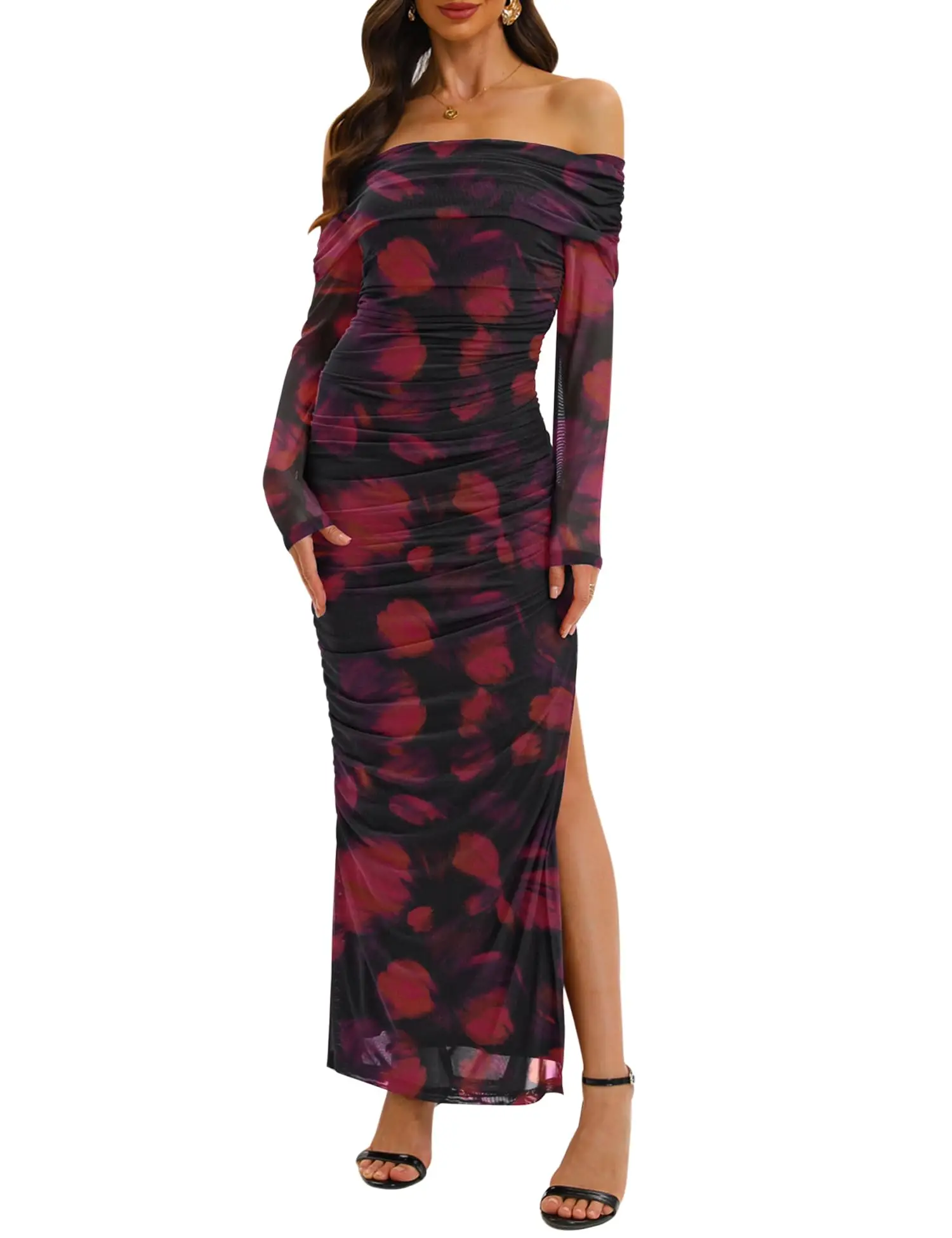 Wholesale Comfortable Sexy Mesh Printed Slit One Neck Square Collar Long Sleeve Tight Dress for Lady
