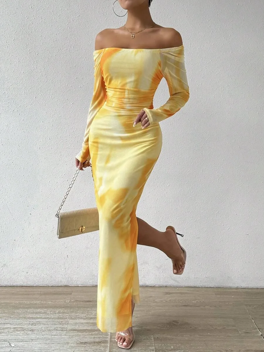 Wholesale Comfortable Sexy Mesh Printed Slit One Neck Square Collar Long Sleeve Tight Dress for Lady - Image 11