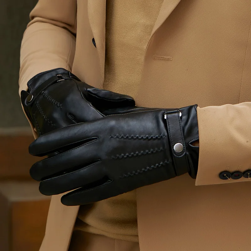 Wholesale Cuero Touch Screen Men Sheepskin Motorcycle Driving Leather Gloves in Winter - Image 2