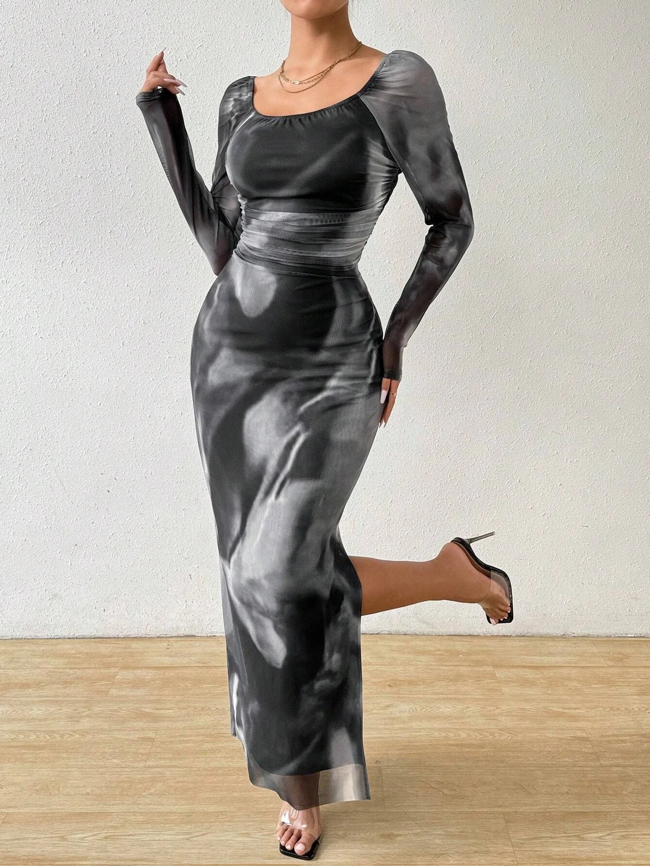 Wholesale Comfortable Sexy Mesh Printed Slit One Neck Square Collar Long Sleeve Tight Dress for Lady - Image 8
