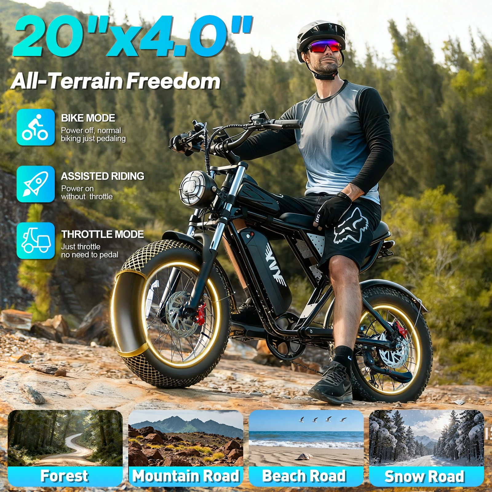 US Free Shipping Yvy Q20 48V 20Ah Ebike Fat Tire E Bike Electric Bicycle Lithium Battery Electric Mountain Dirt Bike for Adults - Image 3