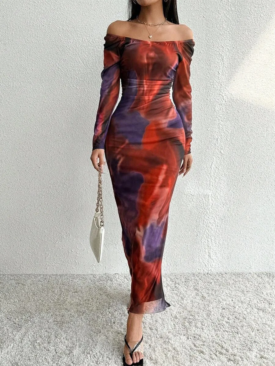 Wholesale Comfortable Sexy Mesh Printed Slit One Neck Square Collar Long Sleeve Tight Dress for Lady - Image 12