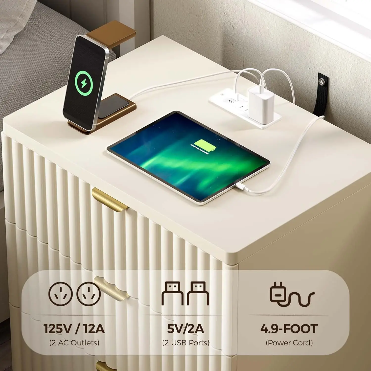 Nightstands Set of 2, Fluted Nightstand with Charging Station and 3 Drawer Storage, Large Modern Bedside Table,, Customized - Image 4