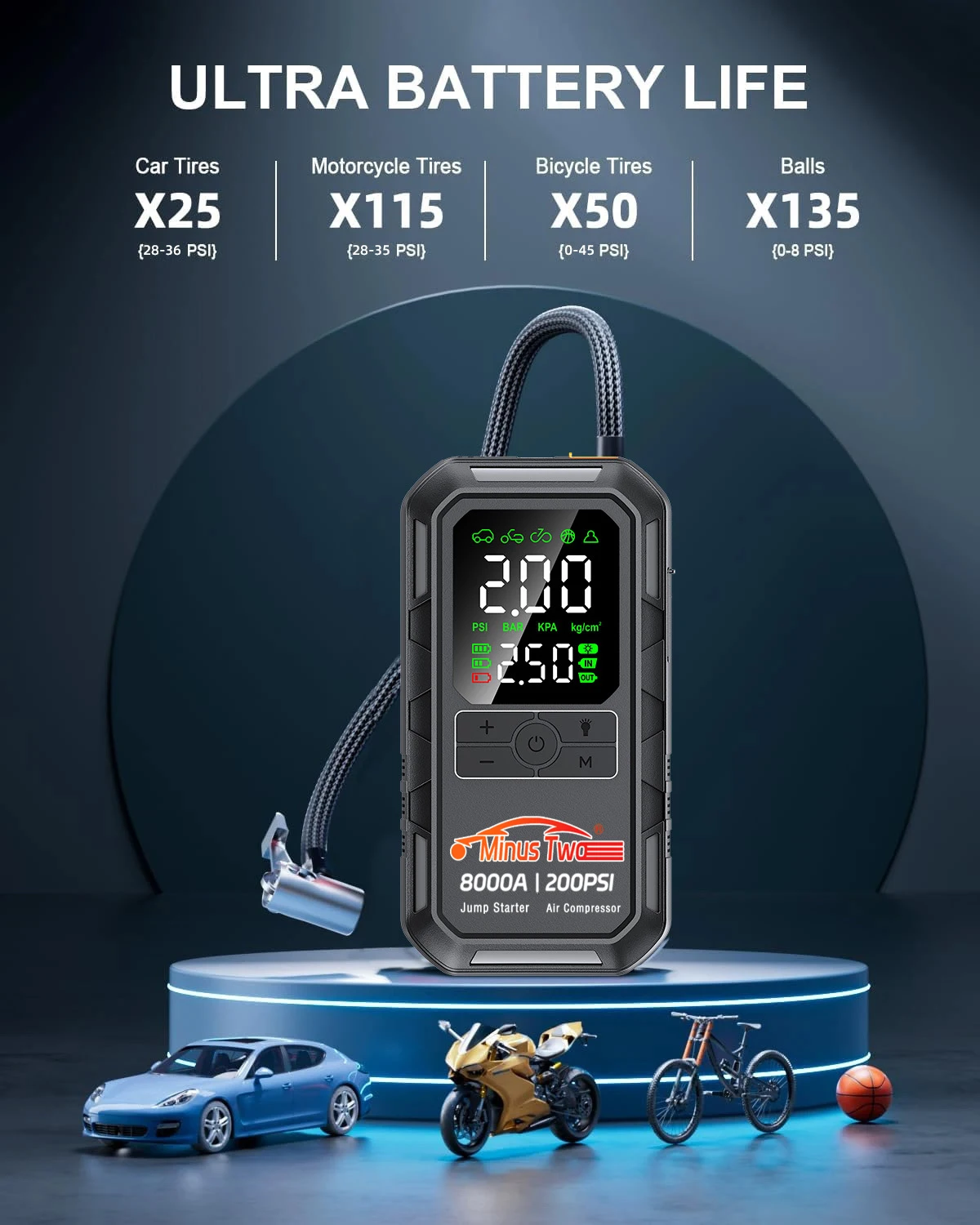 4-IN-1 Car Jump Starter with Air Compressor Peak 2000A Auto Battery Booster 150PSI Air Pump Portable Power Bank Tire Inflator - Image 8