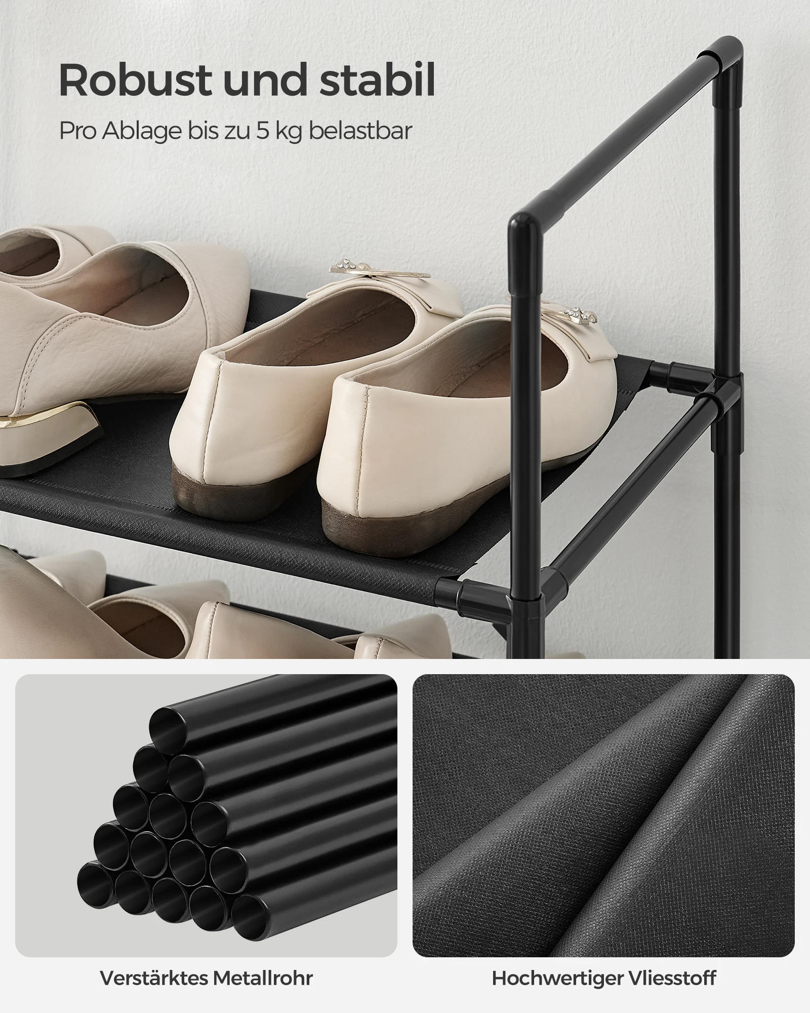 SONGMICS shoe rack 10 levels shoe shelf shoe storage narrow 28x45x173 cm metal frame non-woven fabric shelves - Image 3