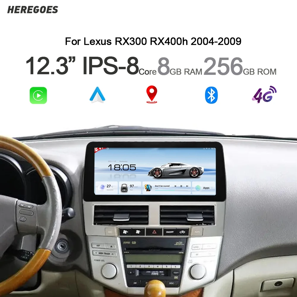 12.3" Carplay Android 14 Car Radio GPS Stereo Navigation Wifi Bluetooth Autoradio For Lexus RX300 RX330 RX350 RX400h 2004-2007