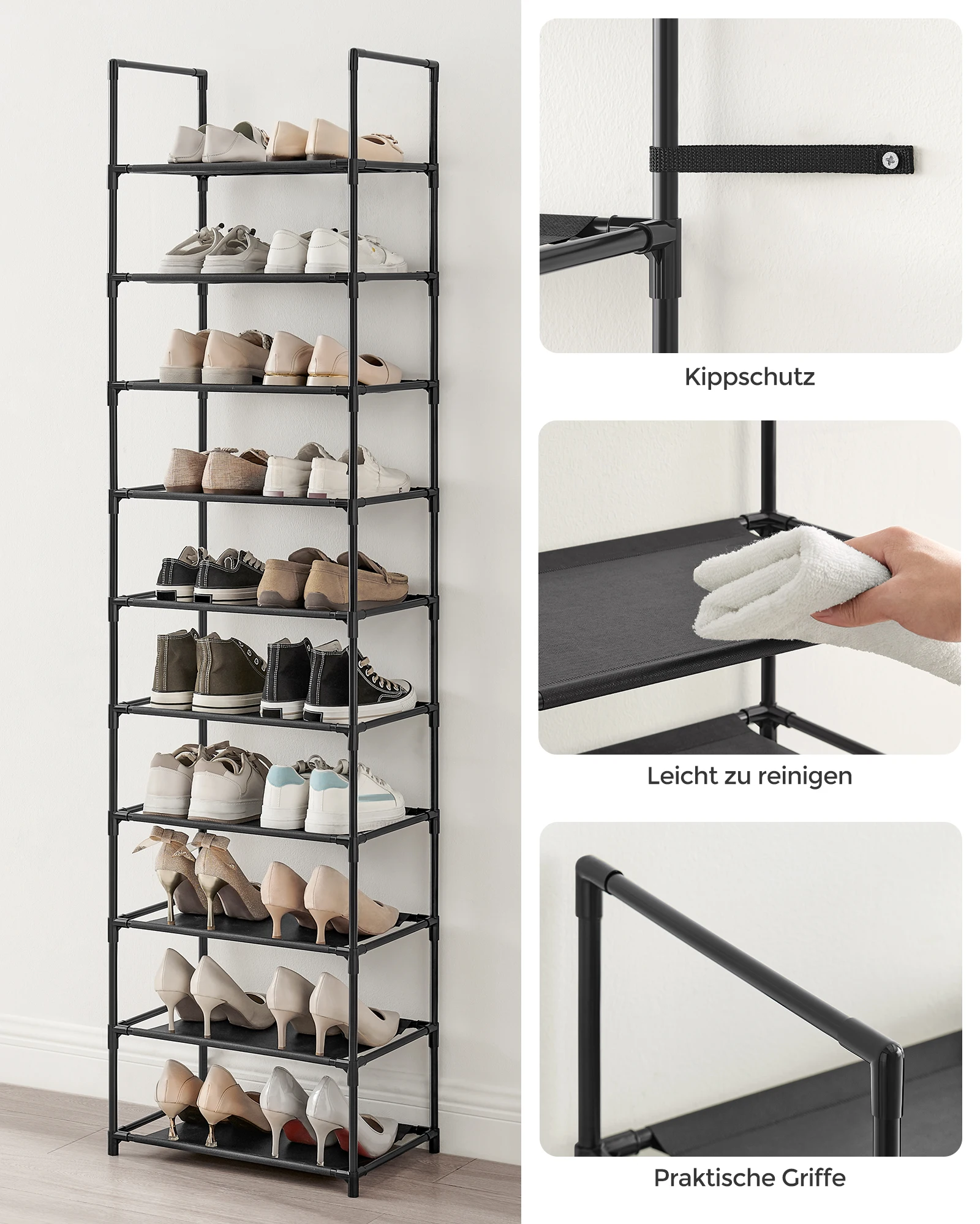 SONGMICS shoe rack 10 levels shoe shelf shoe storage narrow 28x45x173 cm metal frame non-woven fabric shelves - Image 4