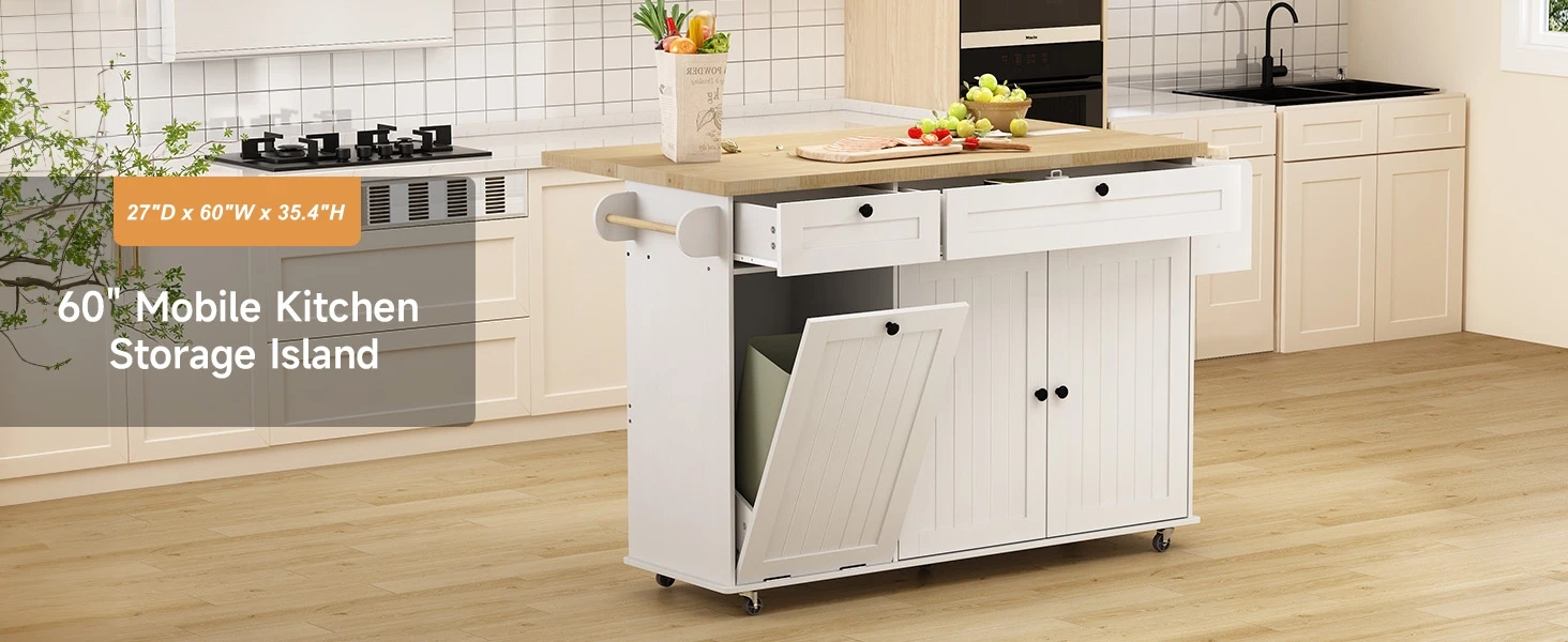 60" Mobile Kitchen Islands Rolling Trolleys Kitchen Island Table Drop Leaf Home Carts with Power Outlet Spice Towel Rack Trash - Image 8