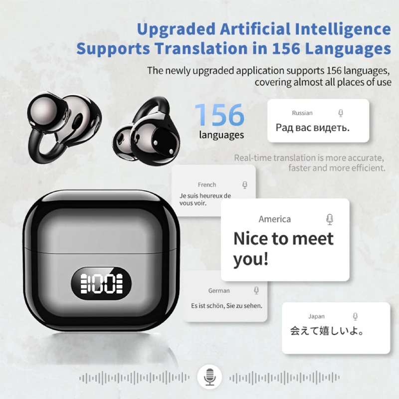 UYUXIO AI Language Translator Earphone with 150 Online Languages Clip On OWS Real Time Translation Earbuds for Business Travel - Image 2