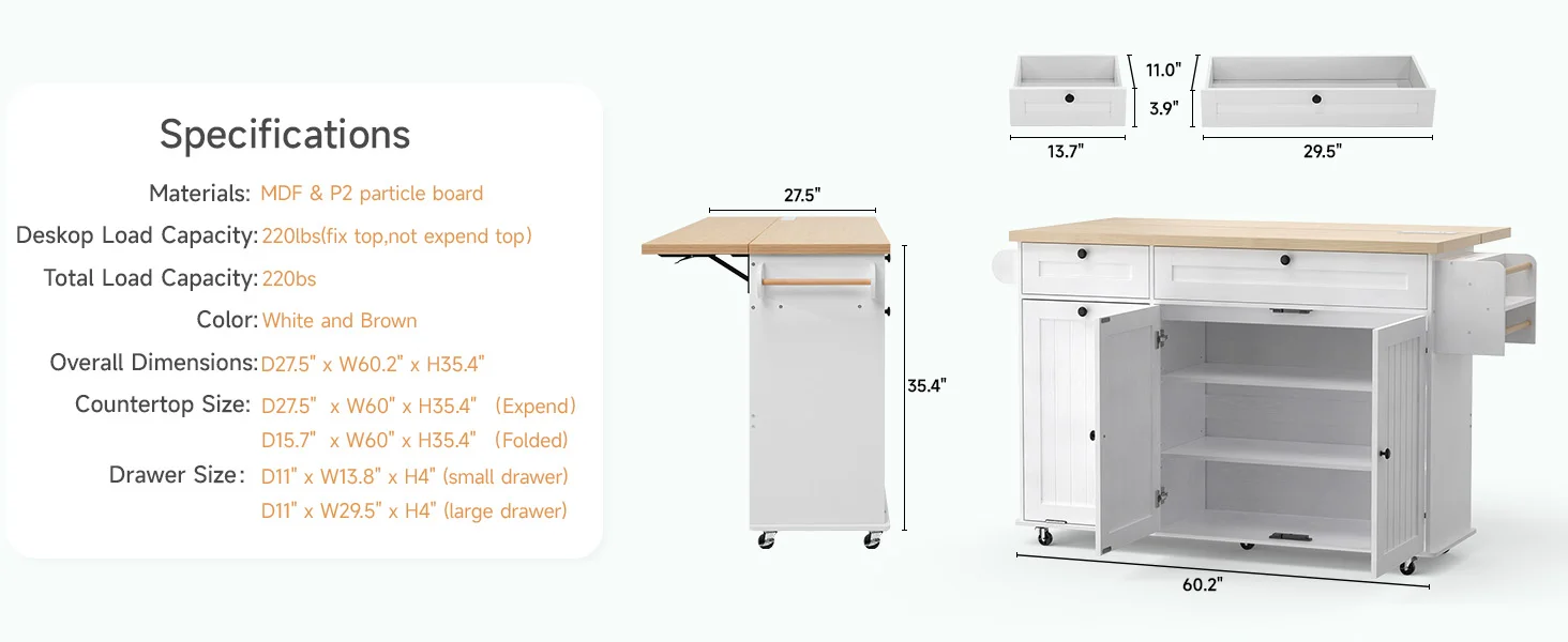 60" Mobile Kitchen Islands Rolling Trolleys Kitchen Island Table Drop Leaf Home Carts with Power Outlet Spice Towel Rack Trash - Image 13