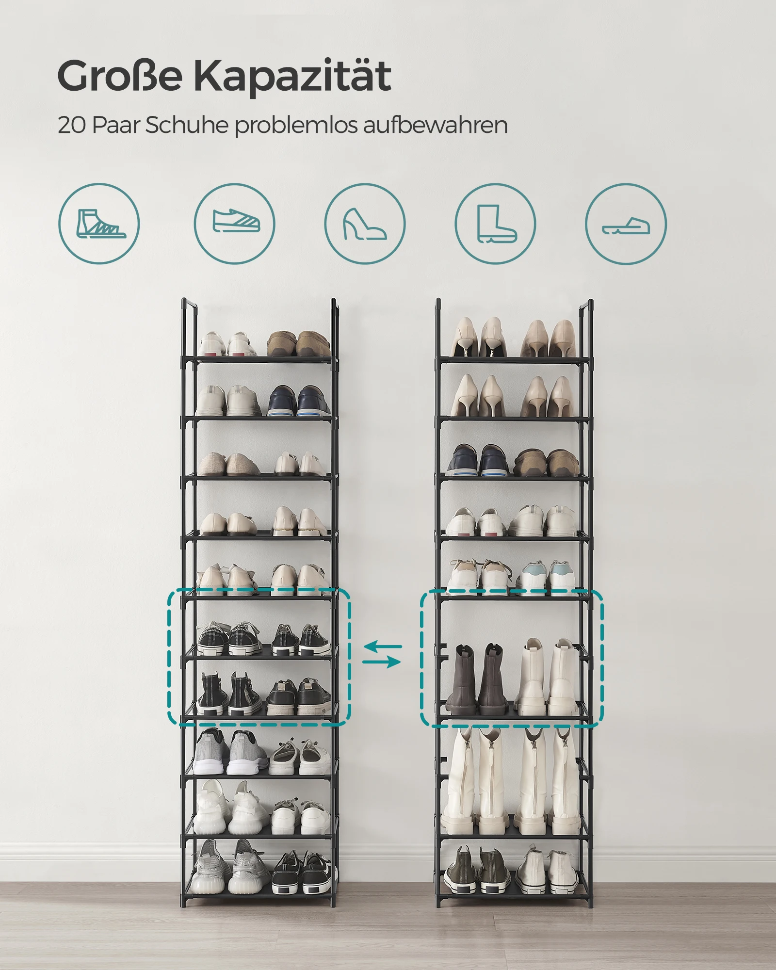 SONGMICS shoe rack 10 levels shoe shelf shoe storage narrow 28x45x173 cm metal frame non-woven fabric shelves - Image 2