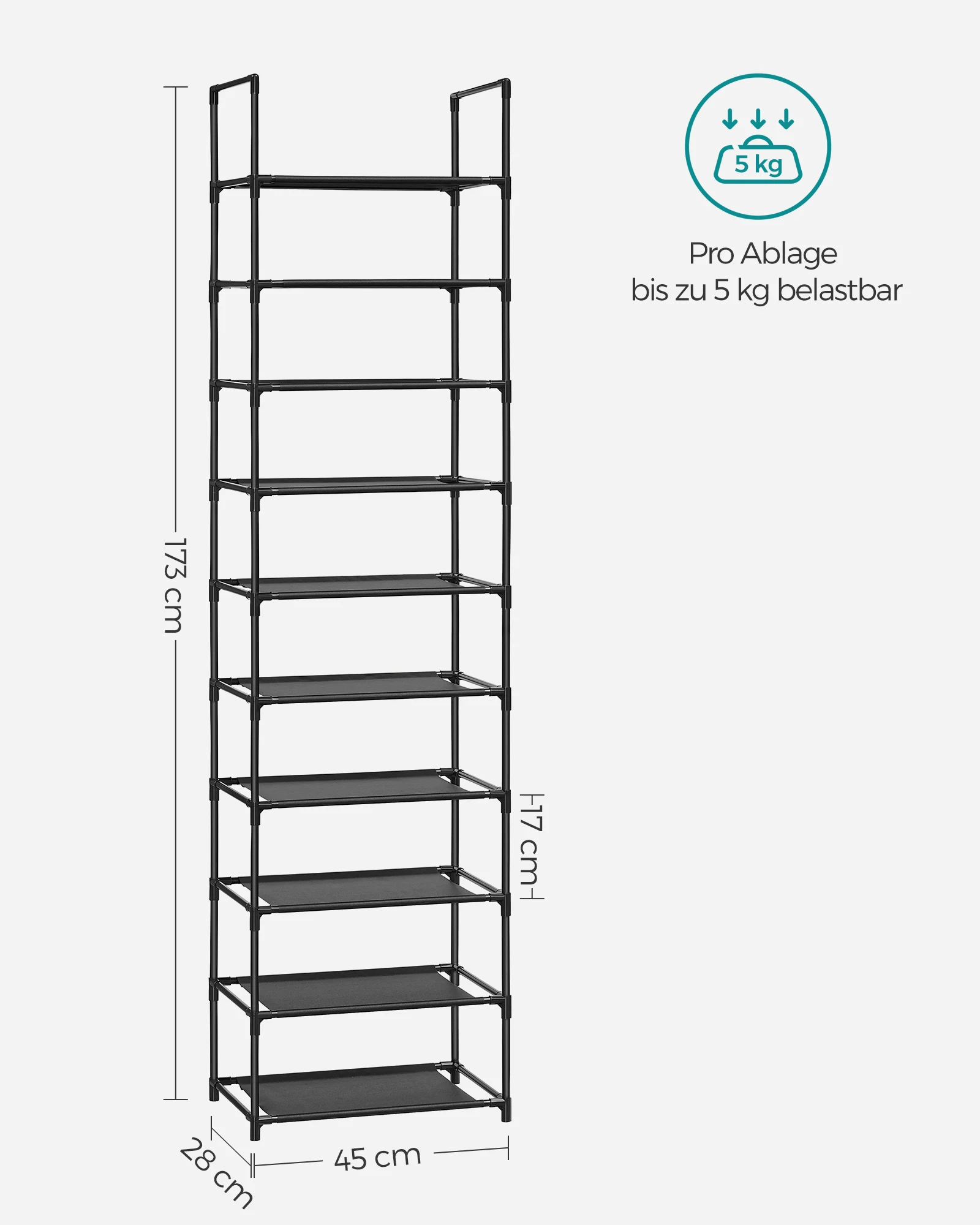 SONGMICS shoe rack 10 levels shoe shelf shoe storage narrow 28x45x173 cm metal frame non-woven fabric shelves - Image 5
