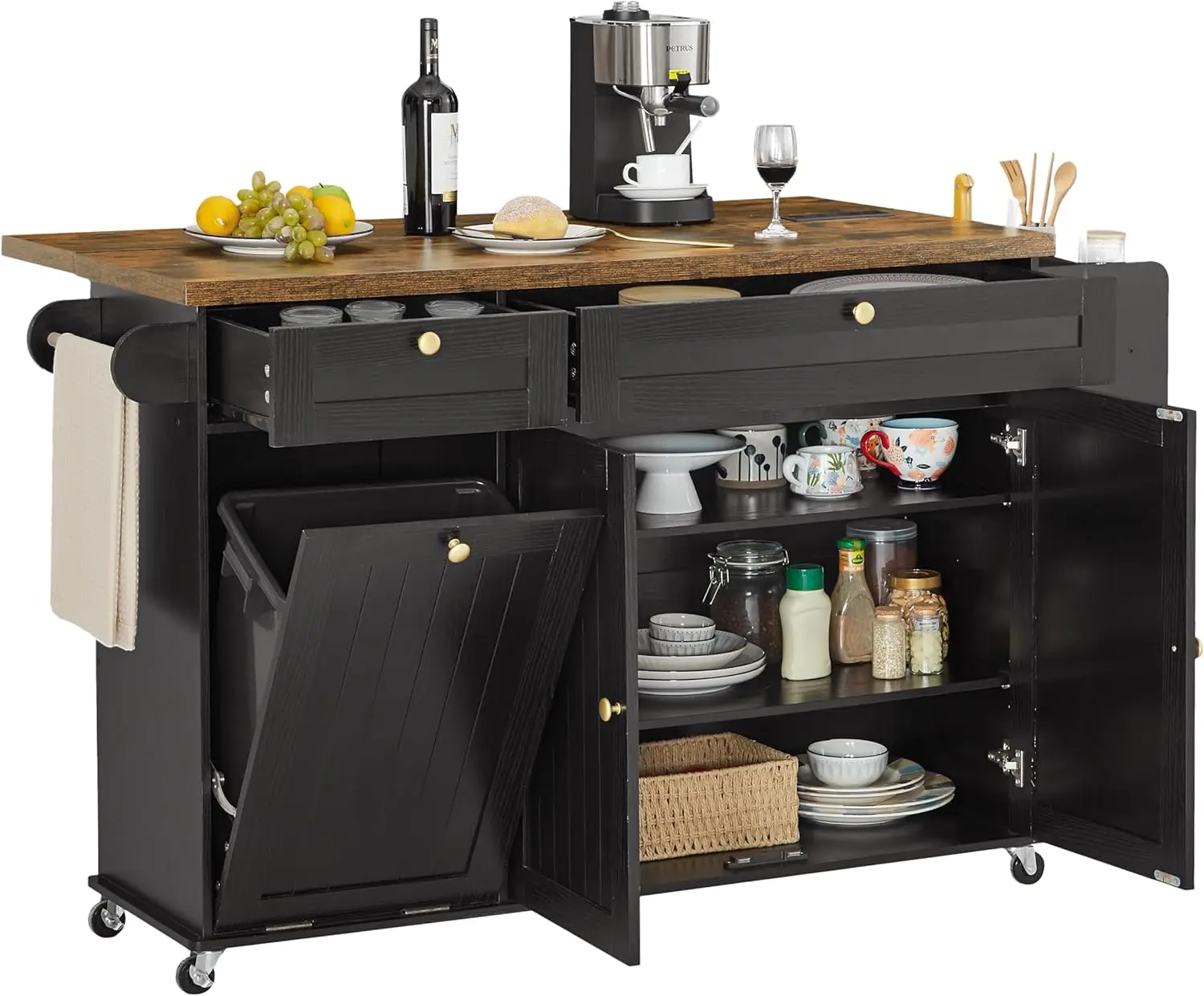 60" Mobile Kitchen Islands Rolling Trolleys Kitchen Island Table Drop Leaf Home Carts with Power Outlet Spice Towel Rack Trash - Image 7