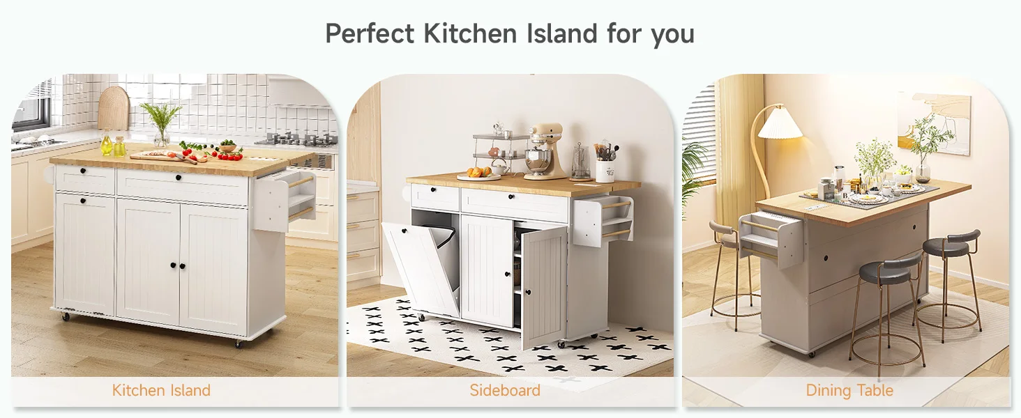 60" Mobile Kitchen Islands Rolling Trolleys Kitchen Island Table Drop Leaf Home Carts with Power Outlet Spice Towel Rack Trash - Image 12