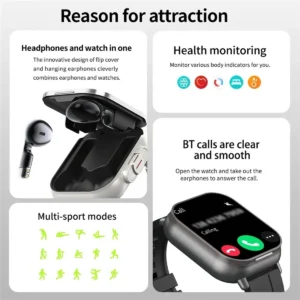 67NEW 2 in 1 Wireless Bluetooth Smart Watch TWS Noise Cancelling Wristwatch with Earbud Heart Rate NFC Health Monitoring-C