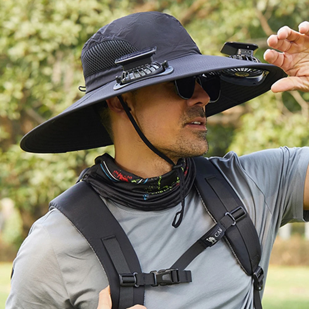 Wide Brim Solar Fan Hat UV Resistant Lightweight Rechargeable Sun Hat with 2 Solar Fan Fisherman Hat for Outdoor Hiking Camping - Image 15
