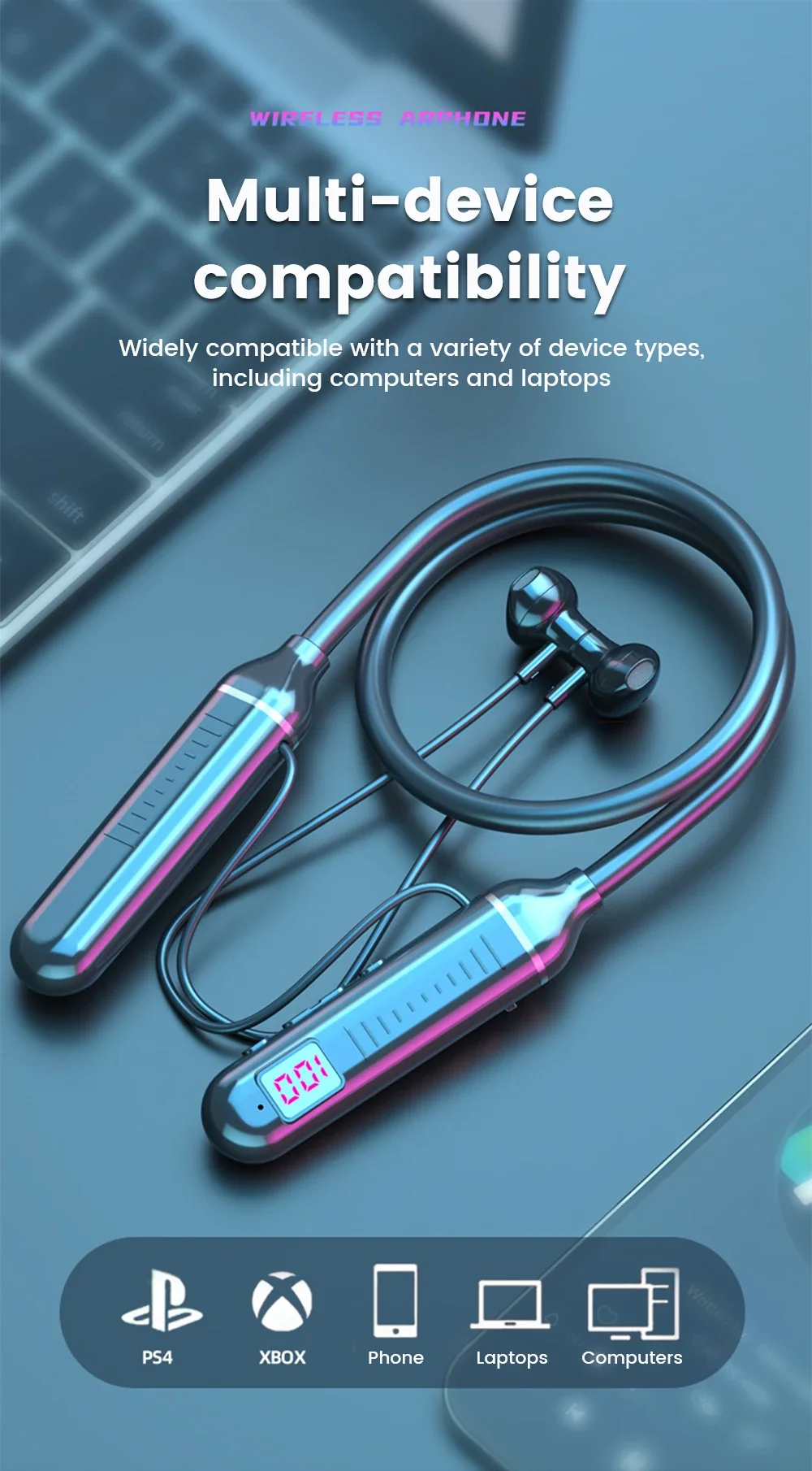 Wireless Earphones 5.3 Neckband Headphones Gaming LED Display Stereo Sports Headset Halter Waterproof Magnetic Earbuds - Image 19