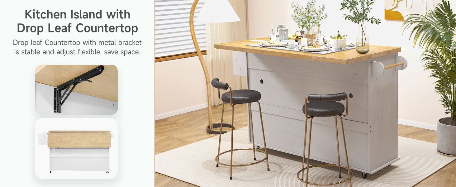 60" Mobile Kitchen Islands Rolling Trolleys Kitchen Island Table Drop Leaf Home Carts with Power Outlet Spice Towel Rack Trash - Image 11