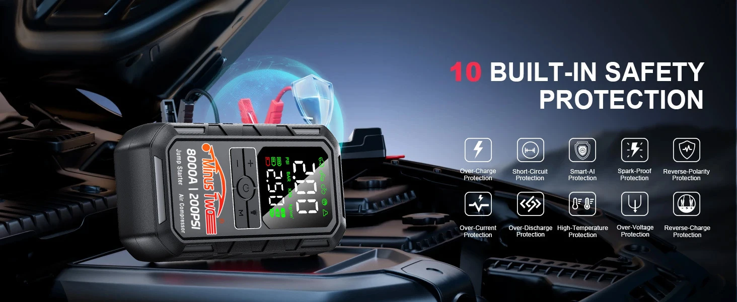 4-IN-1 Car Jump Starter with Air Compressor Peak 2000A Auto Battery Booster 150PSI Air Pump Portable Power Bank Tire Inflator - Image 12