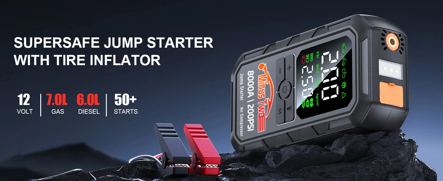 4-IN-1 Car Jump Starter with Air Compressor Peak 2000A Auto Battery Booster 150PSI Air Pump Portable Power Bank Tire Inflator - Image 11