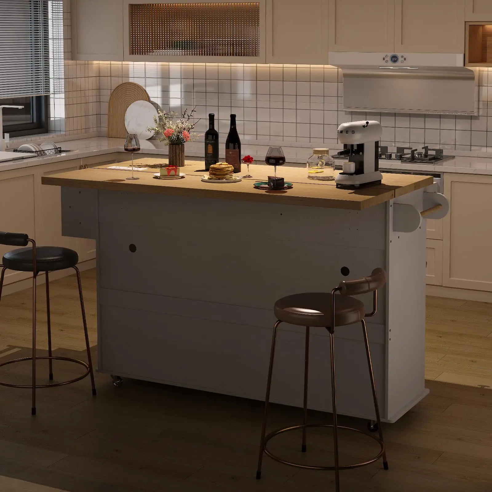 60" Mobile Kitchen Islands Rolling Trolleys Kitchen Island Table Drop Leaf Home Carts with Power Outlet Spice Towel Rack Trash - Image 5