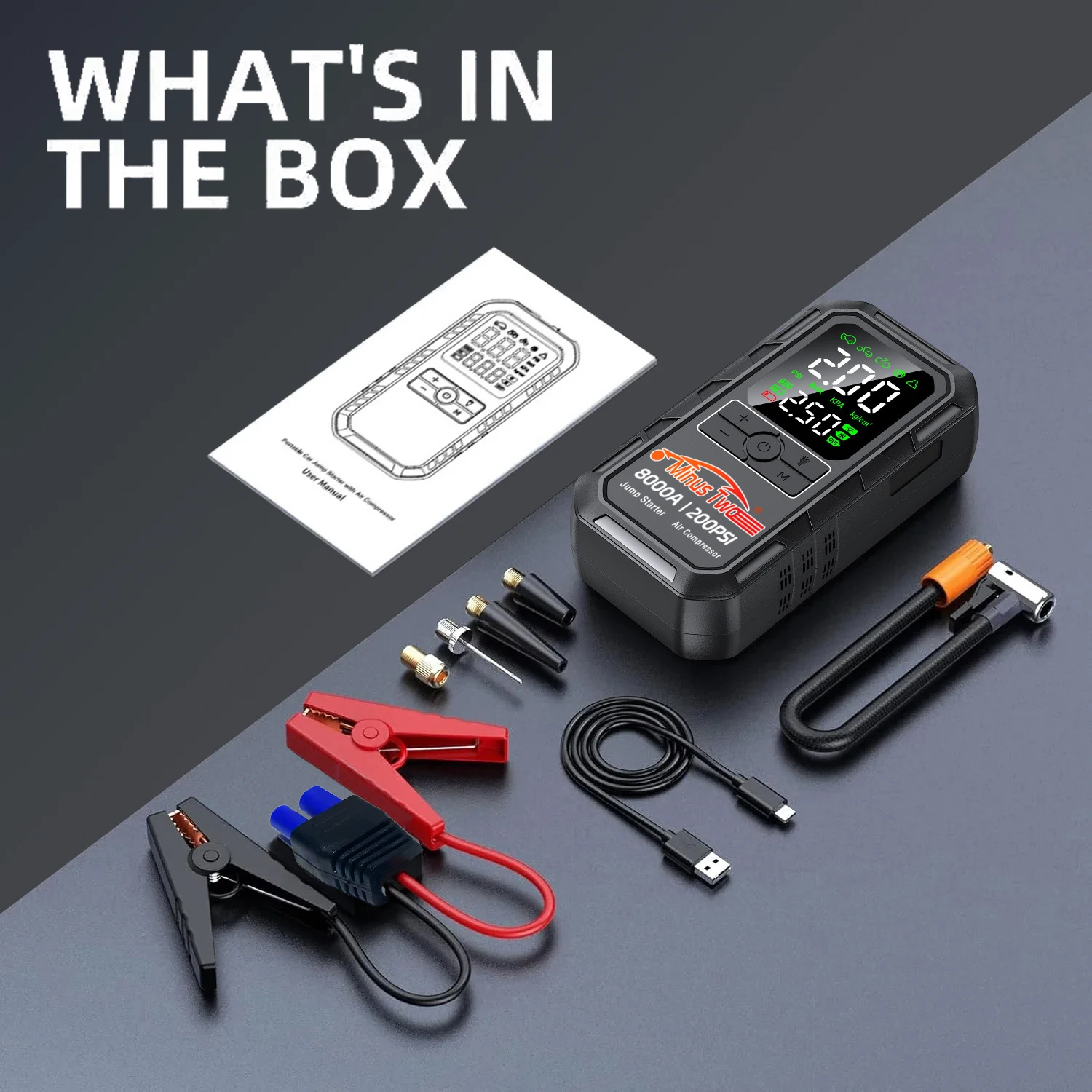 4-IN-1 Car Jump Starter with Air Compressor Peak 2000A Auto Battery Booster 150PSI Air Pump Portable Power Bank Tire Inflator - Image 10