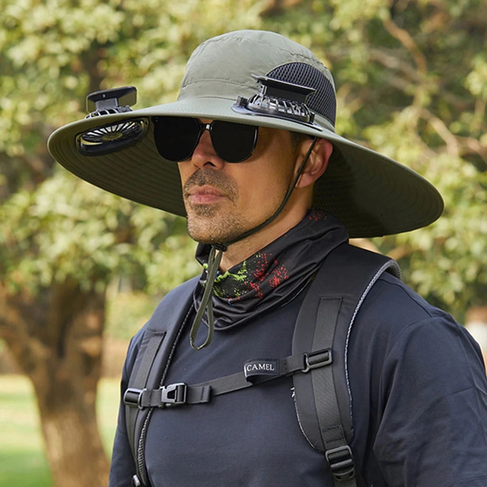 Wide Brim Solar Fan Hat UV Resistant Lightweight Rechargeable Sun Hat with 2 Solar Fan Fisherman Hat for Outdoor Hiking Camping - Image 14