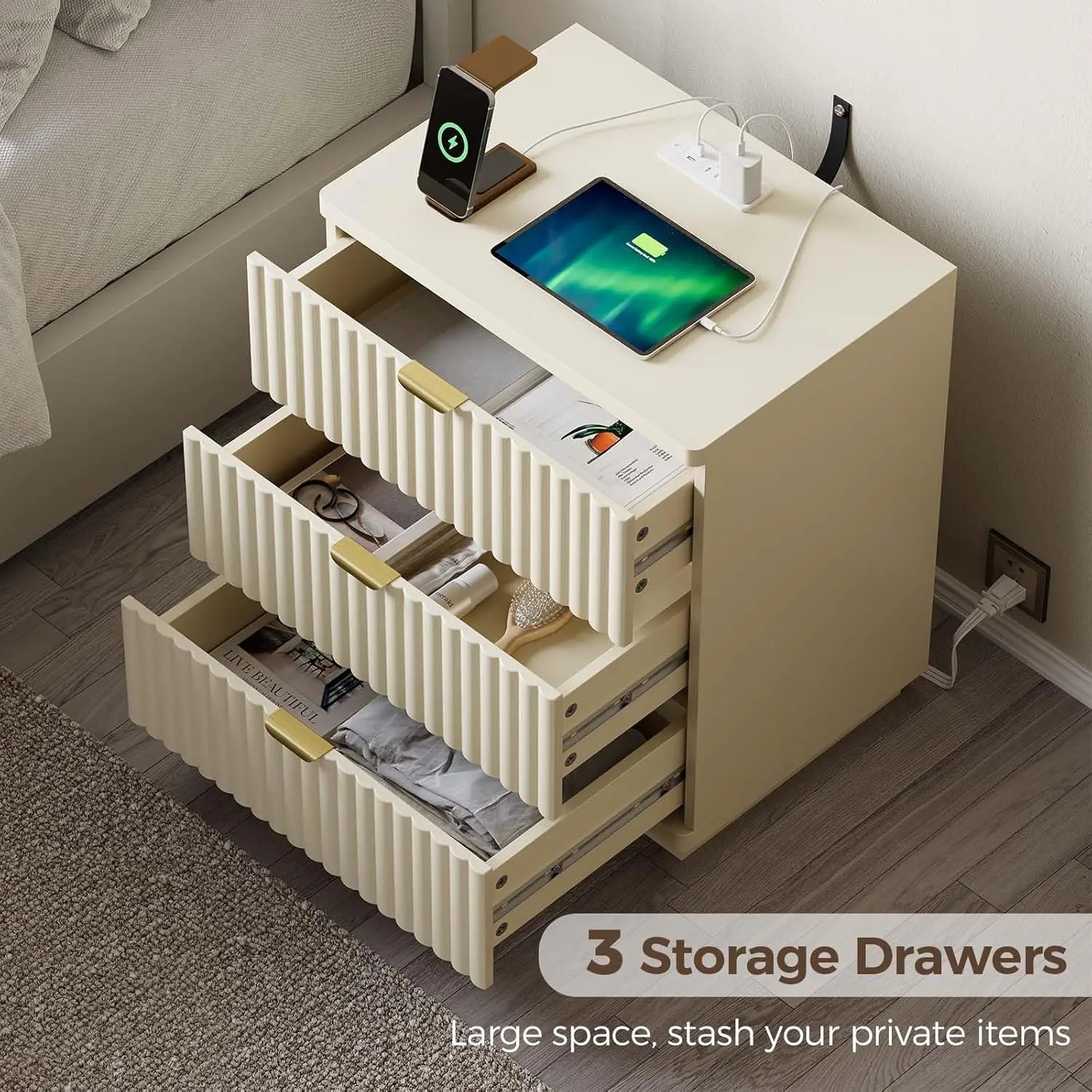 Nightstands Set of 2, Fluted Nightstand with Charging Station and 3 Drawer Storage, Large Modern Bedside Table,, Customized - Image 6