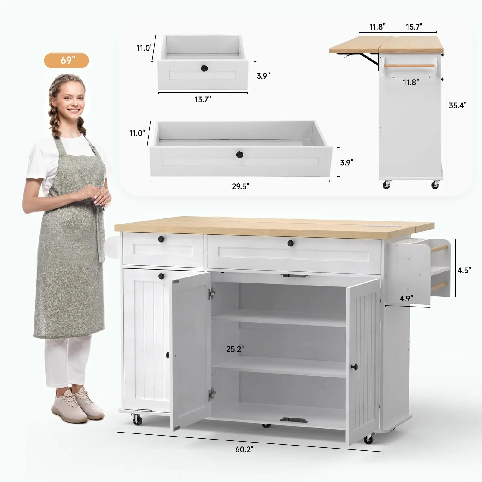 60" Mobile Kitchen Islands Rolling Trolleys Kitchen Island Table Drop Leaf Home Carts with Power Outlet Spice Towel Rack Trash - Image 2