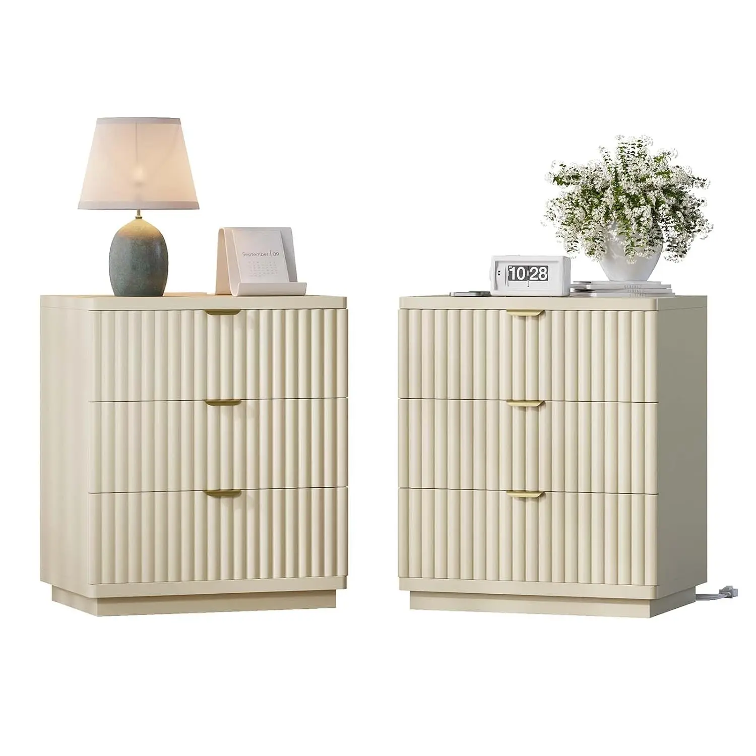 Nightstands Set of 2, Fluted Nightstand with Charging Station and 3 Drawer Storage, Large Modern Bedside Table,, Customized - Image 11