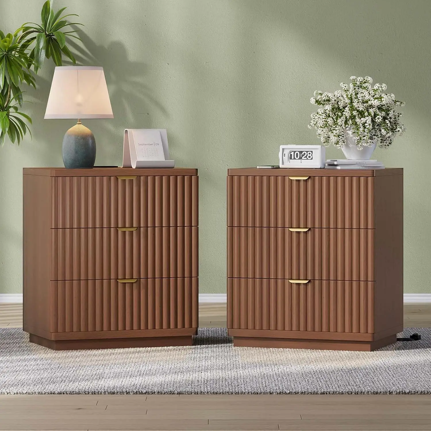 Nightstands Set of 2, Fluted Nightstand with Charging Station and 3 Drawer Storage, Large Modern Bedside Table,, Customized - Image 8