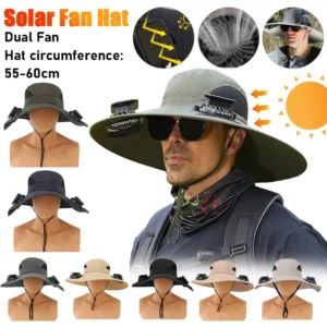 Wide Brim Solar Fan Hat UV Resistant Lightweight Rechargeable Sun Hat with 2 Solar Fan Fisherman Hat for Outdoor Hiking Camping