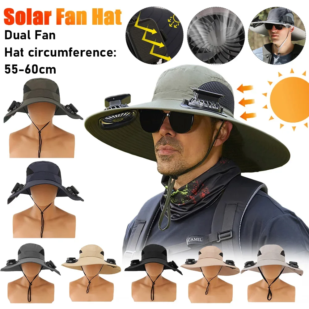 Wide Brim Solar Fan Hat UV Resistant Lightweight Rechargeable Sun Hat with 2 Solar Fan Fisherman Hat for Outdoor Hiking Camping