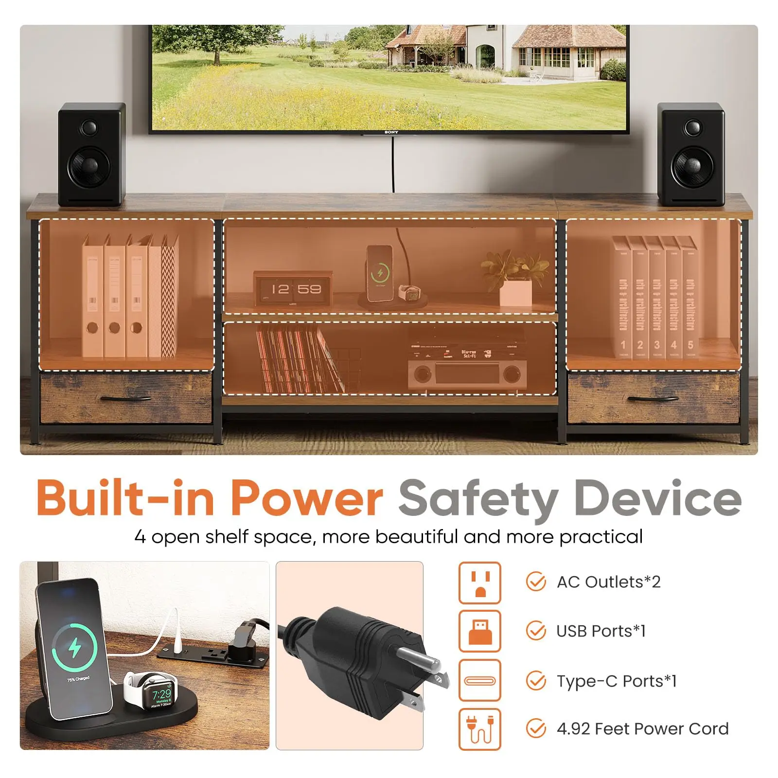 JHK 63IN Wooden Tv Stand For Up To 75 Inch TV Entertainment Center For Living Room Media Console Adjustable Shelf 2 Storage - Image 6