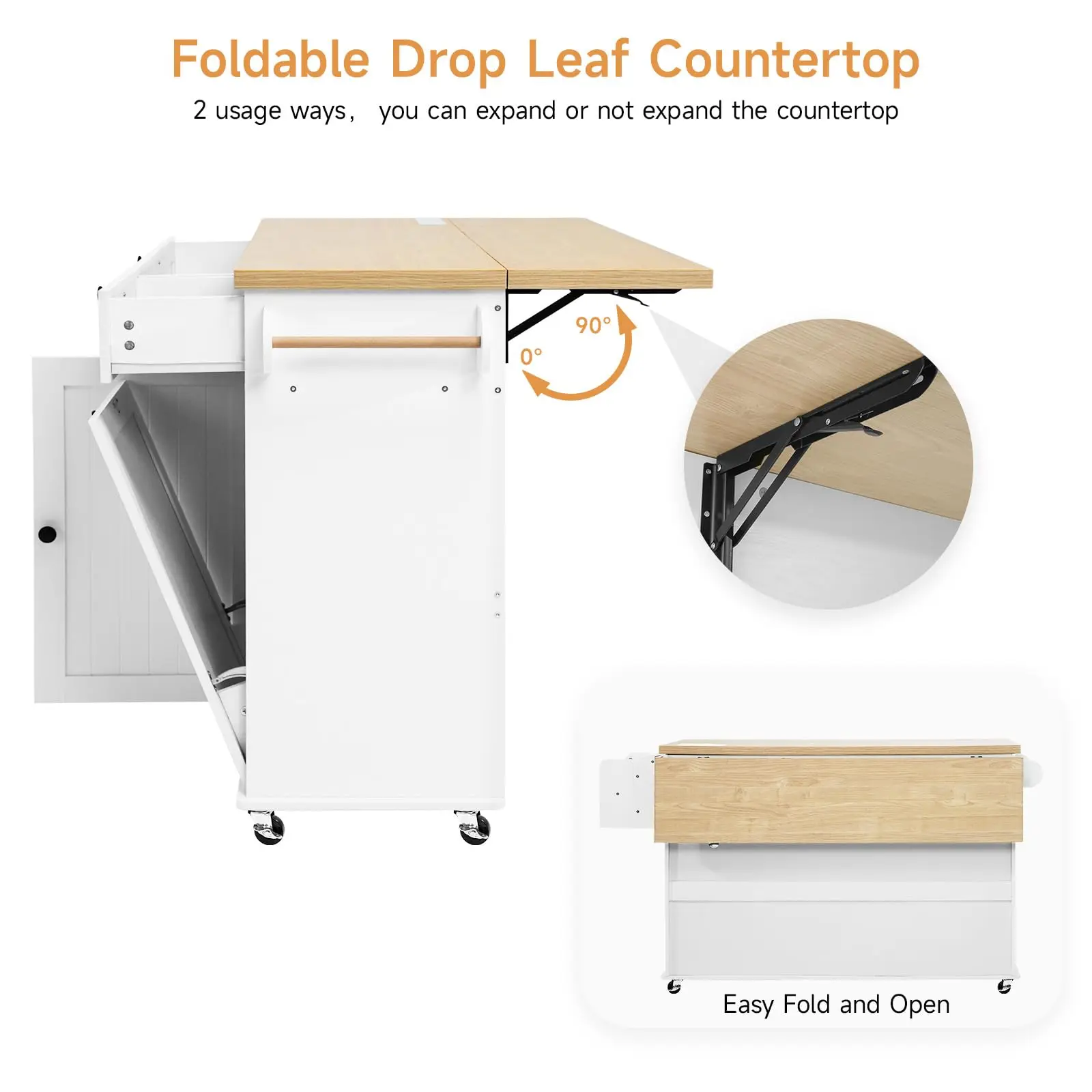 60" Mobile Kitchen Islands Rolling Trolleys Kitchen Island Table Drop Leaf Home Carts with Power Outlet Spice Towel Rack Trash - Image 3