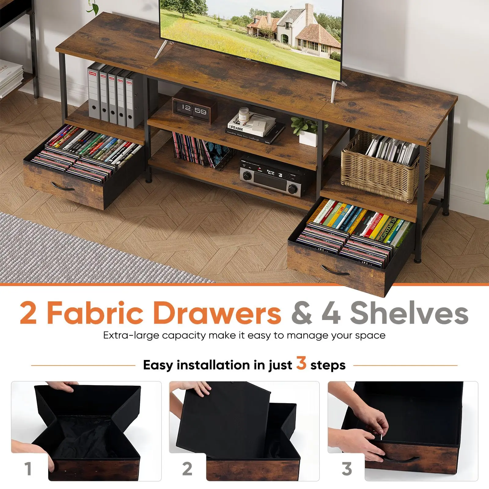 JHK 63IN Wooden Tv Stand For Up To 75 Inch TV Entertainment Center For Living Room Media Console Adjustable Shelf 2 Storage - Image 4