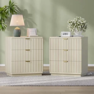 Nightstands Set of 2, Fluted Nightstand with Charging Station and 3 Drawer Storage, Large Modern Bedside Table,, Customized