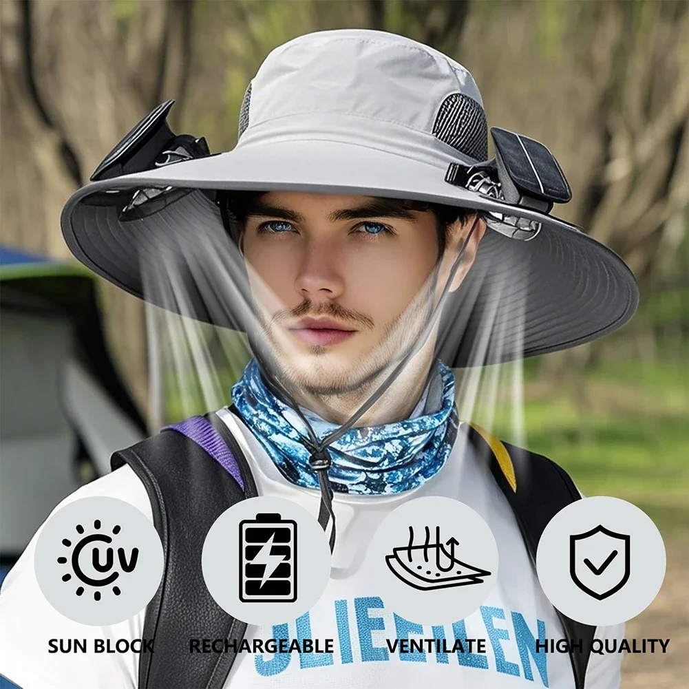 Wide Brim Solar Fan Hat UV Resistant Lightweight Rechargeable Sun Hat with 2 Solar Fan Fisherman Hat for Outdoor Hiking Camping - Image 3