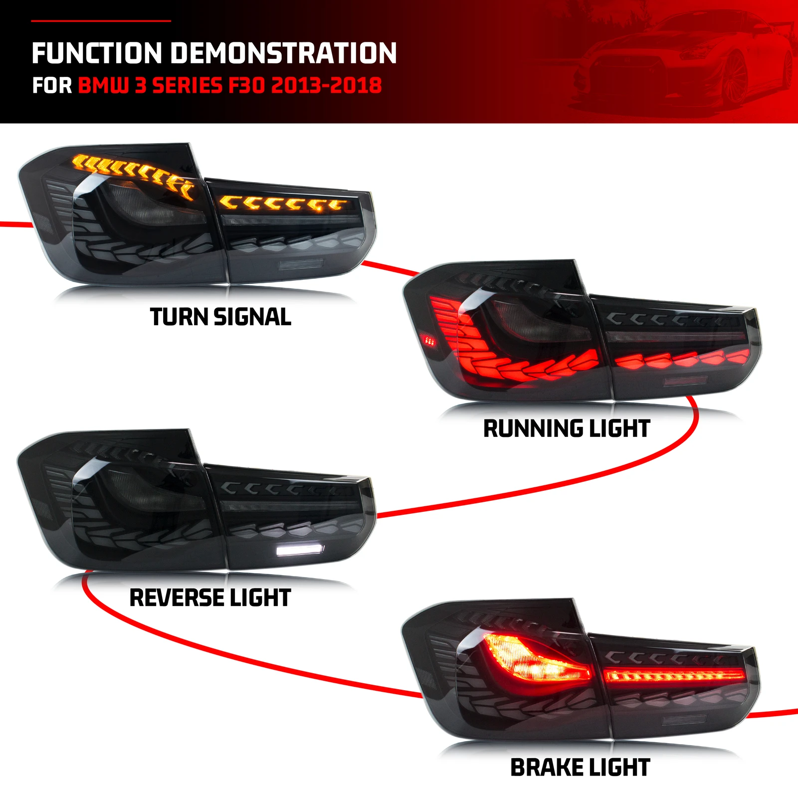 LED GTS Tail Lights for BMW 3-Series F30 F80 M3 2011-2018 Sequential Turn Signal Start-up Animation Black Rear Lamps Assembly - Image 2