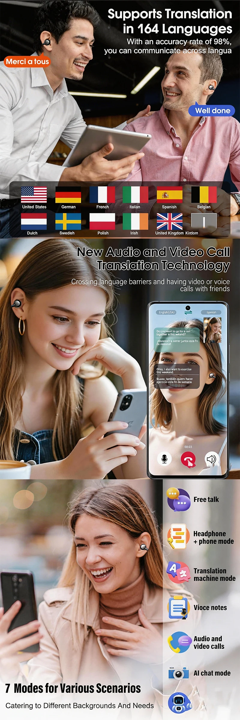 UYUXIO AI Language Translator Earphone with 150 Online Languages Clip On OWS Real Time Translation Earbuds for Business Travel - Image 9