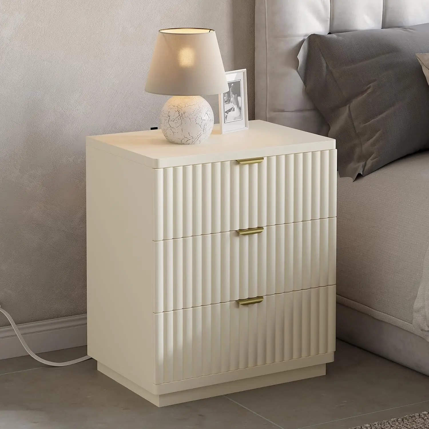 Nightstands Set of 2, Fluted Nightstand with Charging Station and 3 Drawer Storage, Large Modern Bedside Table,, Customized - Image 3