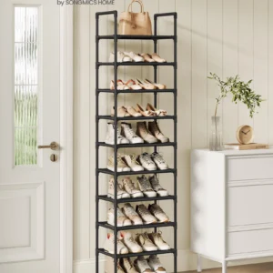 SONGMICS shoe rack 10 levels shoe shelf shoe storage narrow 28x45x173 cm metal frame non-woven fabric shelves