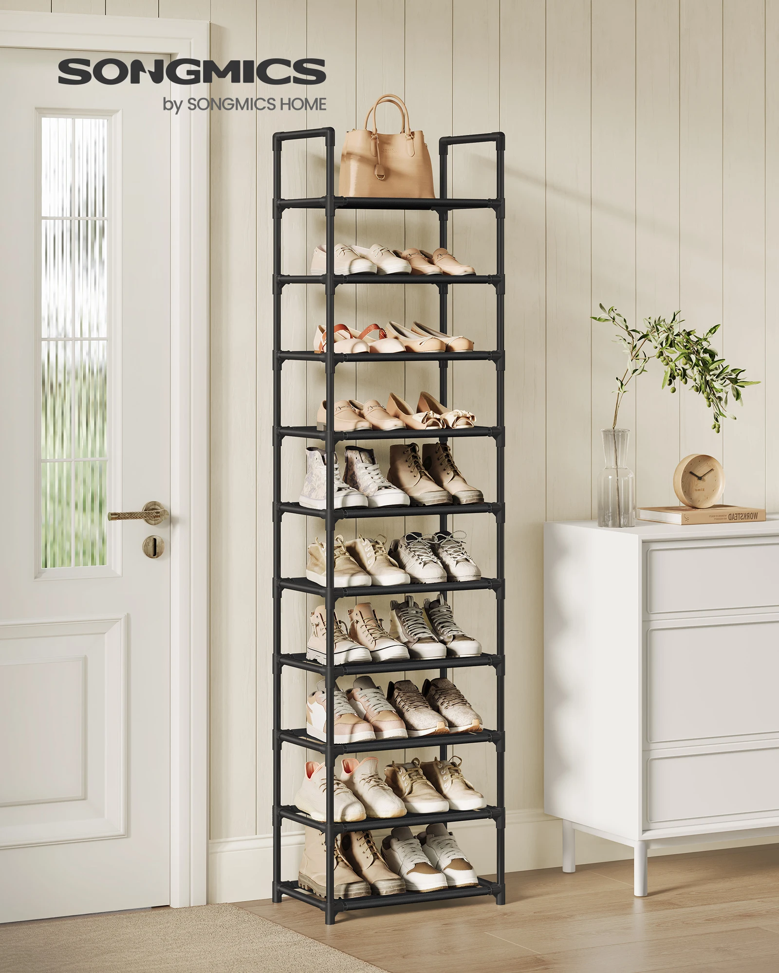 SONGMICS shoe rack 10 levels shoe shelf shoe storage narrow 28x45x173 cm metal frame non-woven fabric shelves