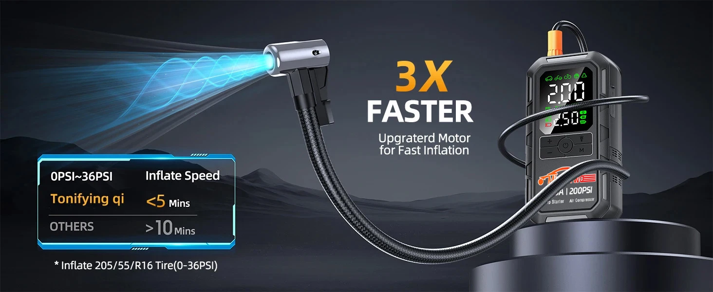 4-IN-1 Car Jump Starter with Air Compressor Peak 2000A Auto Battery Booster 150PSI Air Pump Portable Power Bank Tire Inflator - Image 16