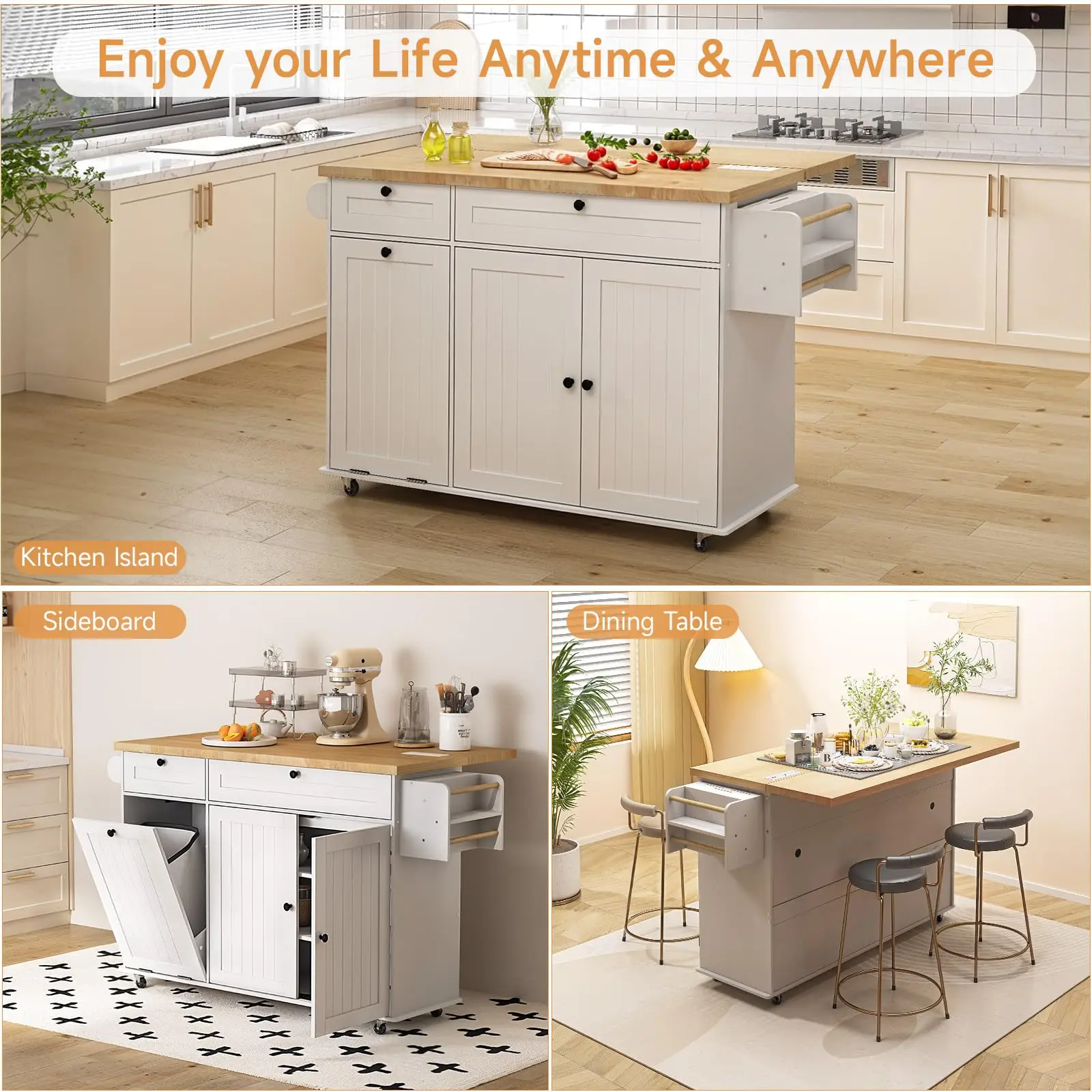 60" Mobile Kitchen Islands Rolling Trolleys Kitchen Island Table Drop Leaf Home Carts with Power Outlet Spice Towel Rack Trash - Image 6
