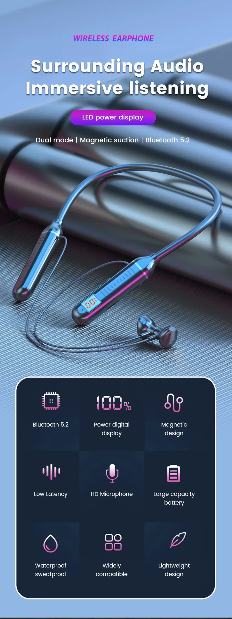 Wireless Earphones 5.3 Neckband Headphones Gaming LED Display Stereo Sports Headset Halter Waterproof Magnetic Earbuds - Image 8