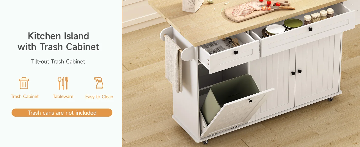60" Mobile Kitchen Islands Rolling Trolleys Kitchen Island Table Drop Leaf Home Carts with Power Outlet Spice Towel Rack Trash - Image 9
